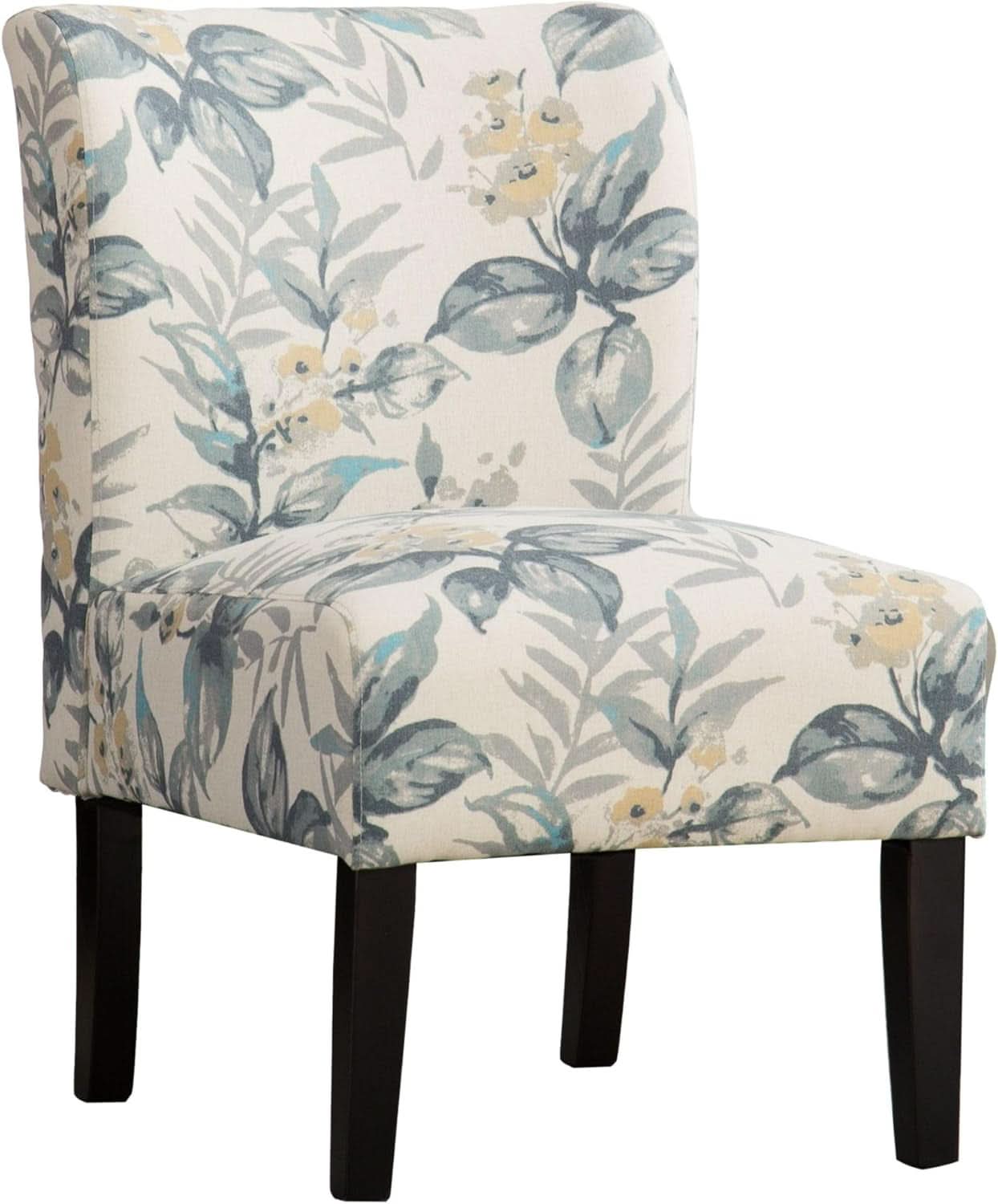 Armless Contemporary Chair With Blue Leaves Upholstery
