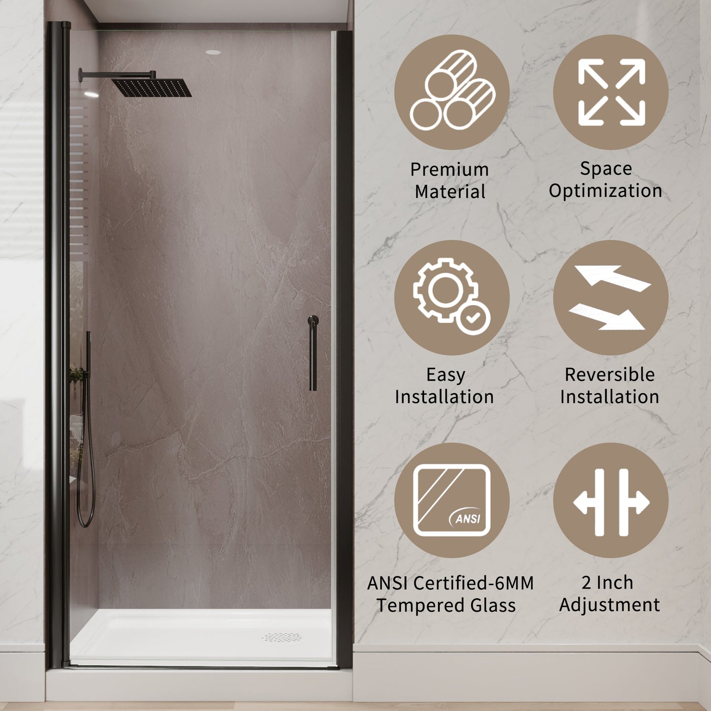 34-36 in. W x 72 in. H Pivot Frameless Shower Door, Matte Black, 1/4in Glass
