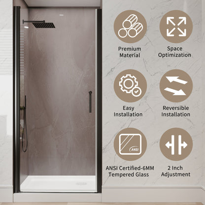 34-36 in. W x 72 in. H Pivot Frameless Shower Door, Matte Black, 1/4in Glass