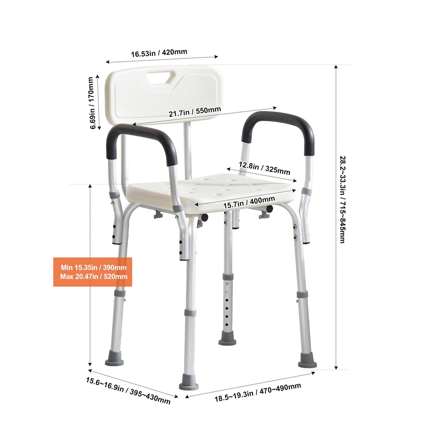 Shower Chair with Backrest Aluminum Adjustable Height Non-Slip 350 LB