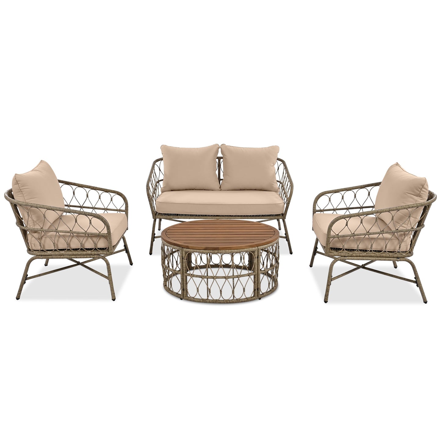 Outdoor Patio Set Wicker Boho Beige Cushion Oval Acacia Table 4 Piece