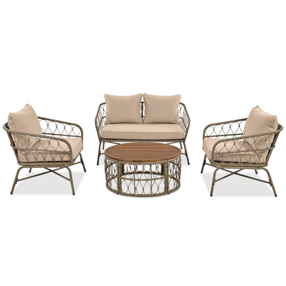 Outdoor Patio Set Wicker Boho Beige Cushion Oval Acacia Table 4 Piece