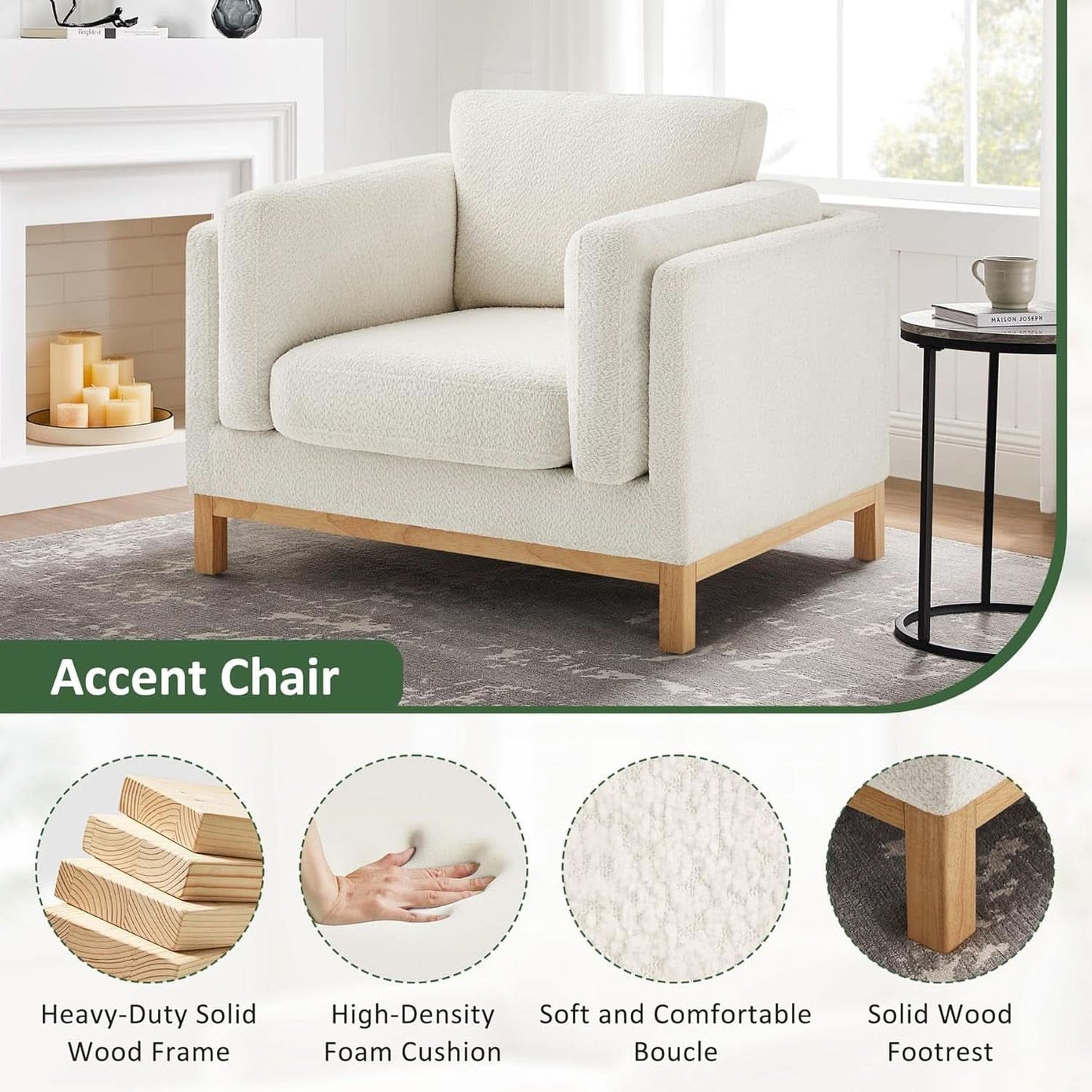 Beige 41.34 Inches Boucle Upholstered Accent Chair