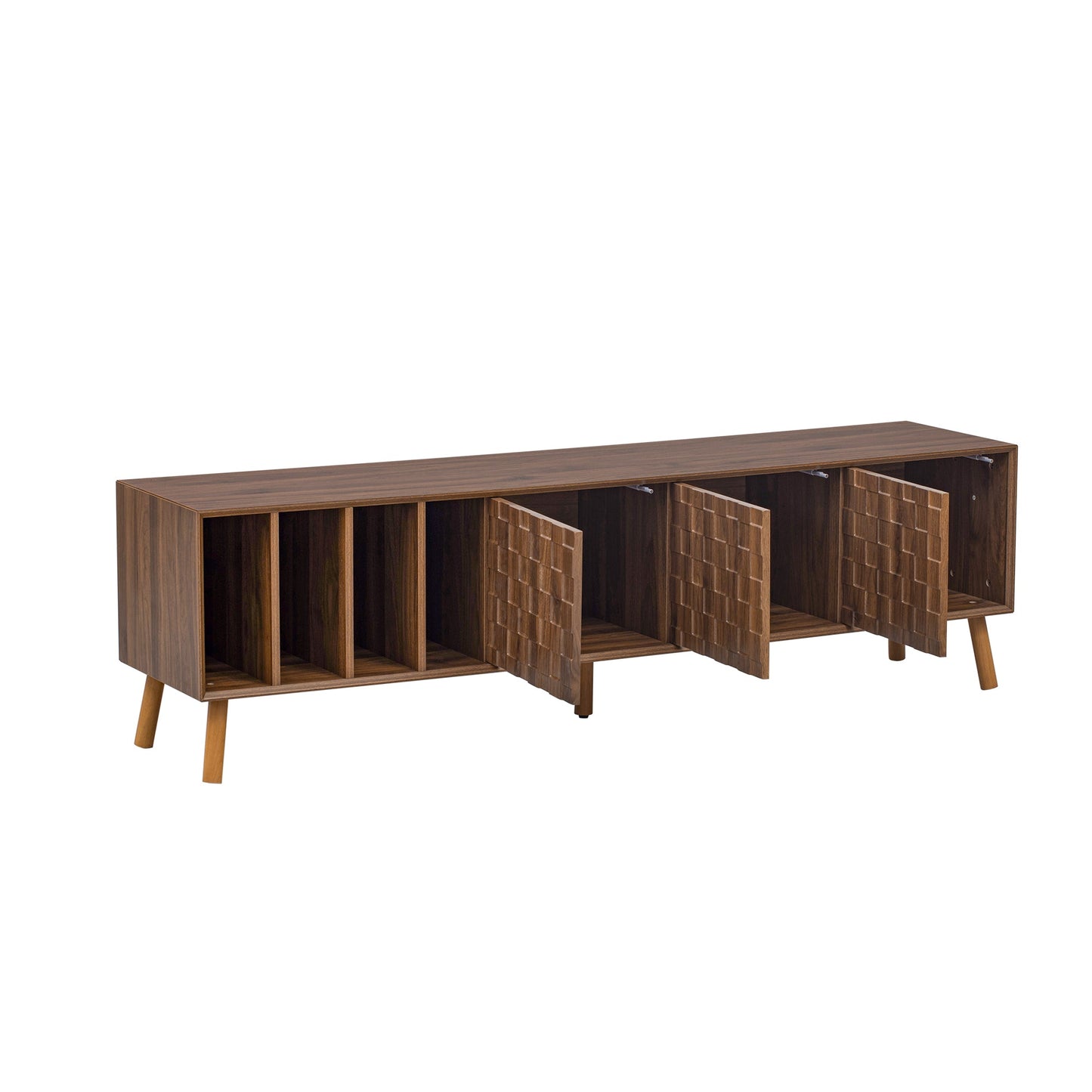 Mid-Century Walnut TV Stand 80" Push-Pop Doors MDF Wood
