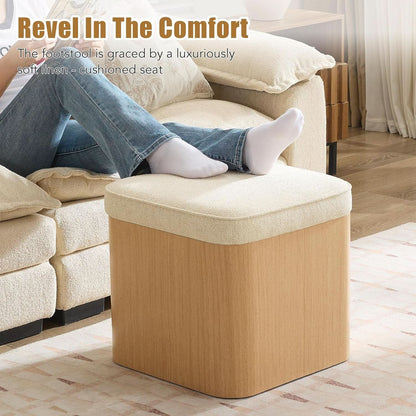 Beige Linen Upholstered Storage Ottoman With Footrest