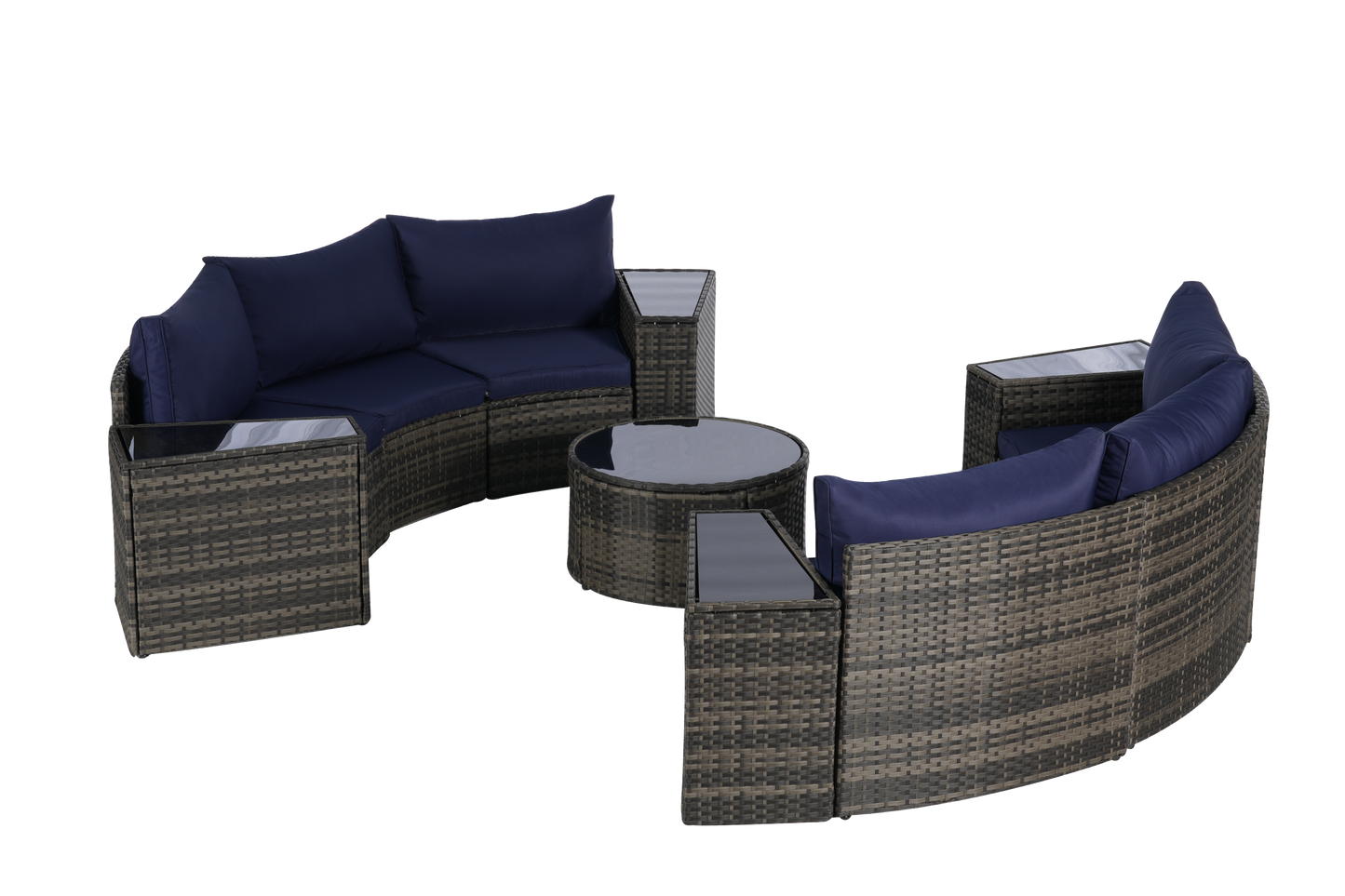 Outdoor Sectional Set PE Rattan Dark Blue Half Moon 11 Piece