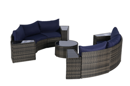 Outdoor Sectional Set PE Rattan Dark Blue Half Moon 11 Piece