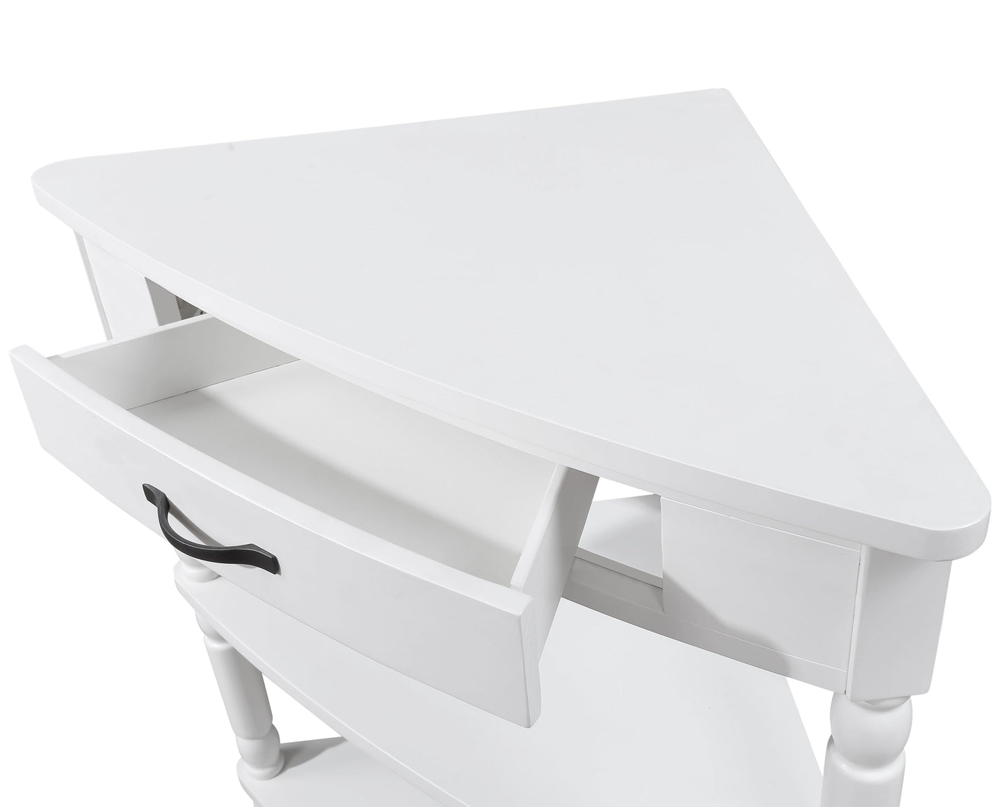 33.8 in Triangle Corner Table, 3-Tier Solid Wood Legs, Small Spaces, Milk White