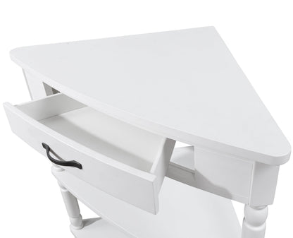 33.8 in Triangle Corner Table, 3-Tier Solid Wood Legs, Small Spaces, Milk White