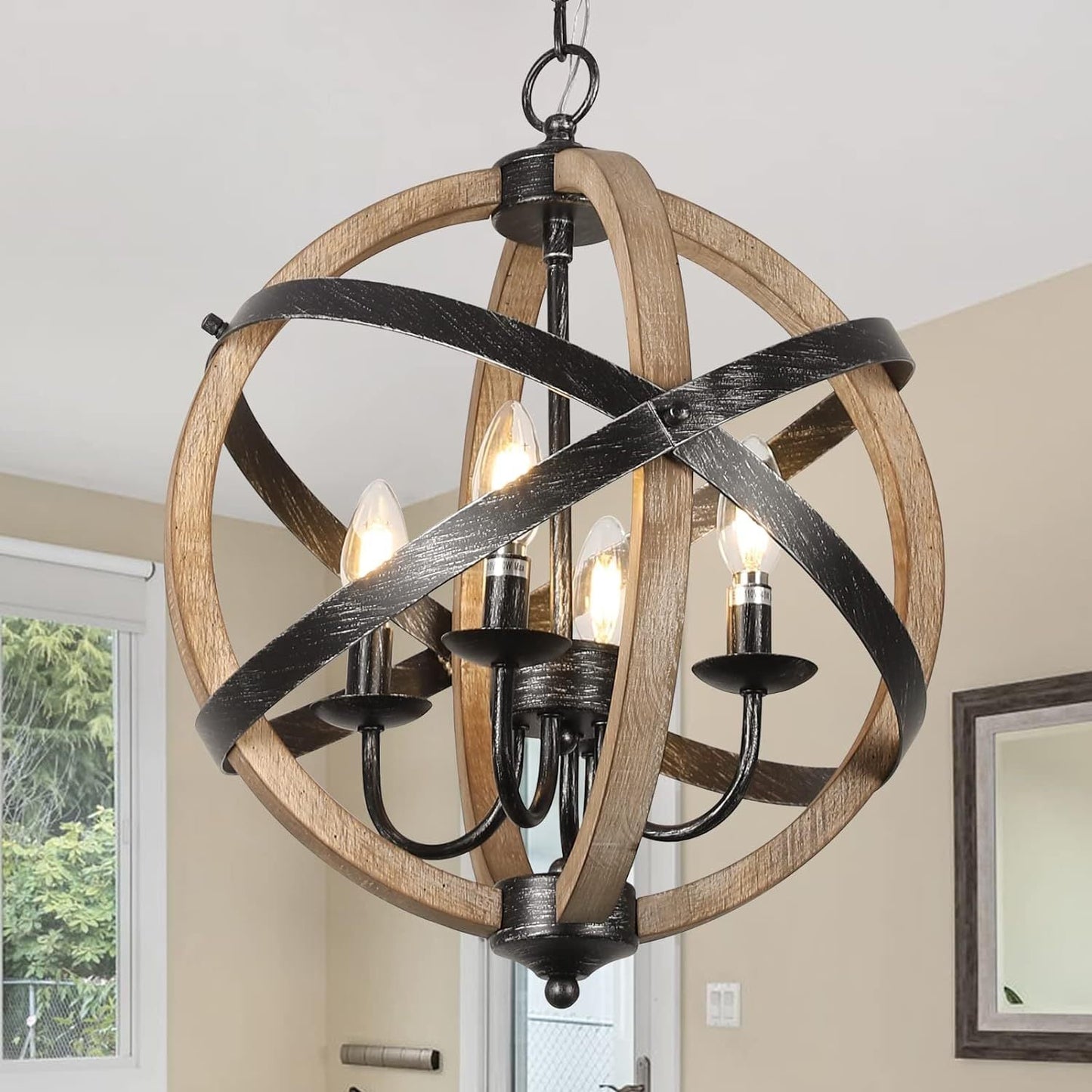 Chandelier Farmhouse 4-Light Rustic Wood Adjustable Kitchen Living
