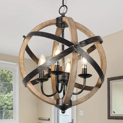 Chandelier Farmhouse 4-Light Rustic Wood Adjustable Kitchen Living