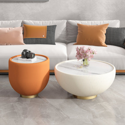 Round Sintered Stone Sofa End Table, Leather Edge, Metal Base, Living Room
