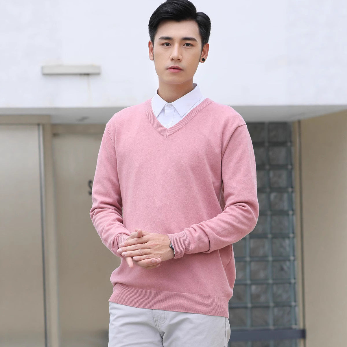 Mens Loose-Fit V-Neck Sweater Thick And Warm Knitted Top