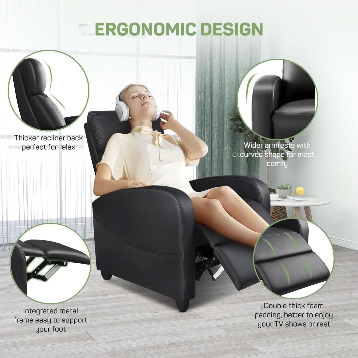 Compact Adjustable Massage Recliner Chair With Lumbar Support In PU Leather