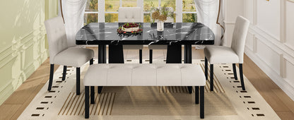 6 Piece Modern Dining Table Set, 63' Faux Marble Dining Table with Geometric