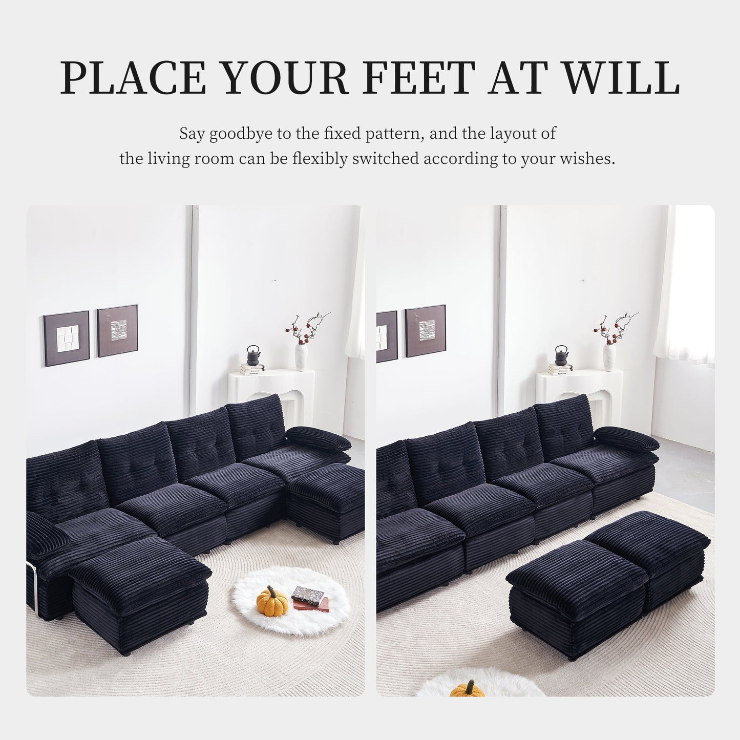 Sectional Sofa U-Shape Modular Corduroy Black 6-Seat with 2 Ottomans 140.94 In