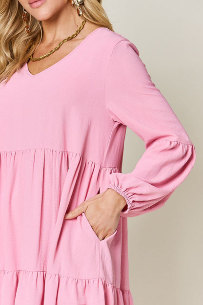 V-Neck Balloon Sleeve Tiered Boho Midi Dress