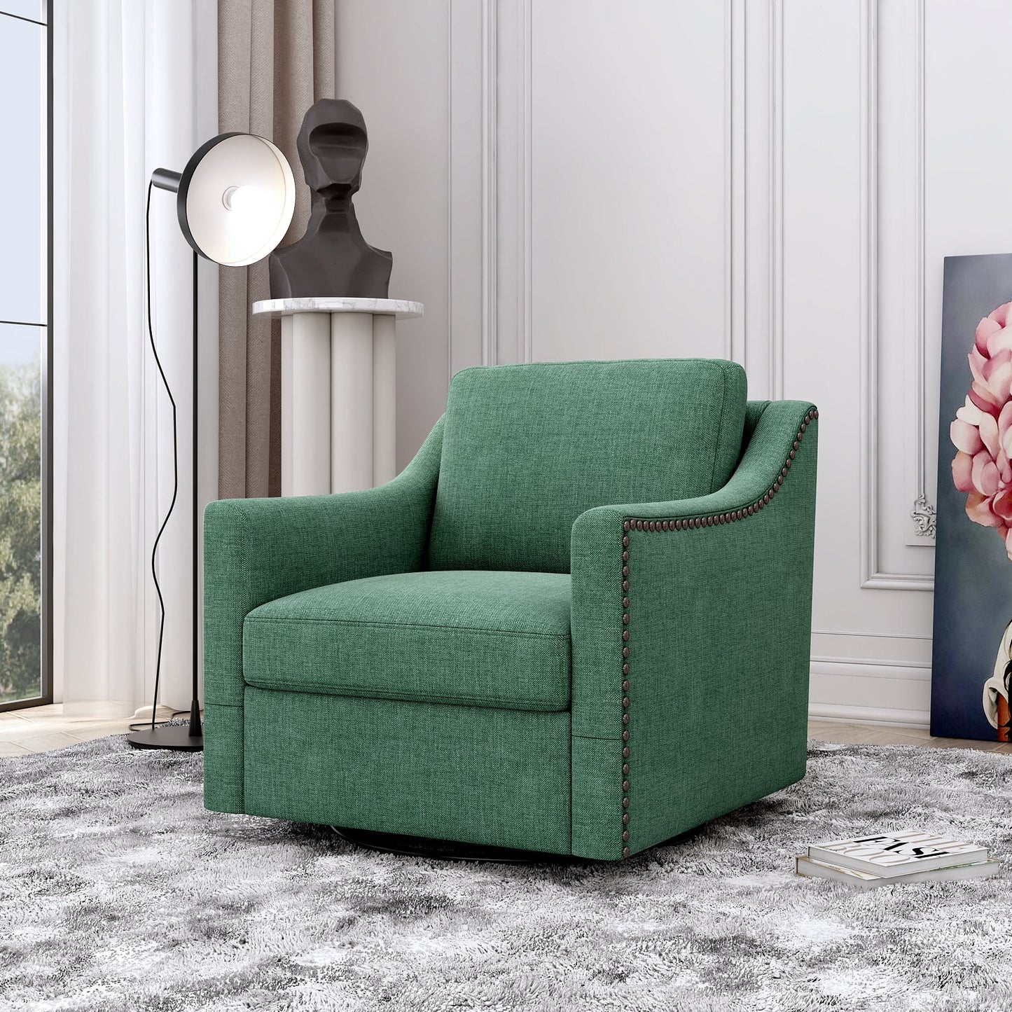Accent Chair Swivel 360 Degree Linen Blackish Green Brass Nailheads 300 LB