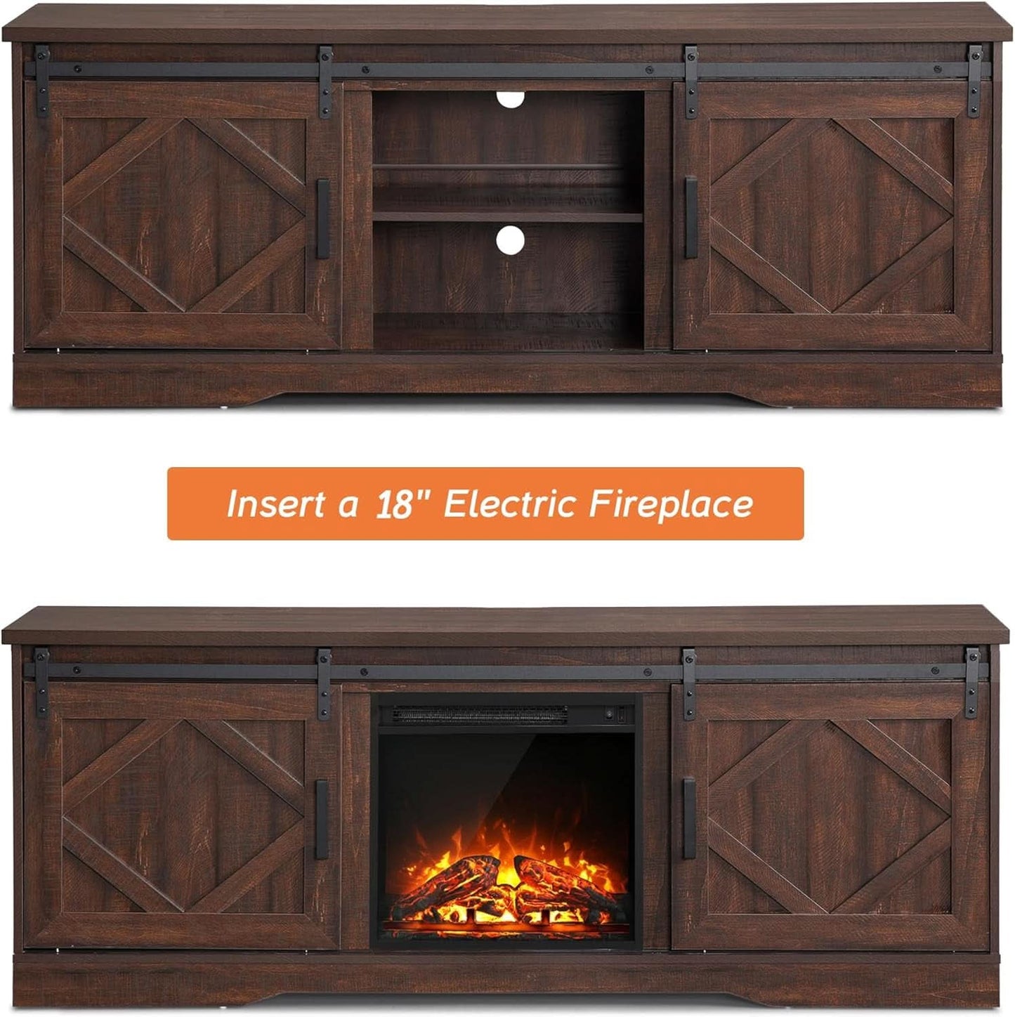 75 Inch Rustic Brown Barn Door TV Stand With Storage