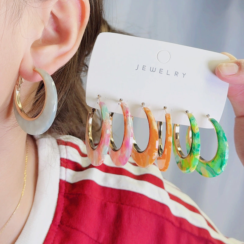 Designer Inspired Color Block Acetate Wide C Acrylic Stud Earrings