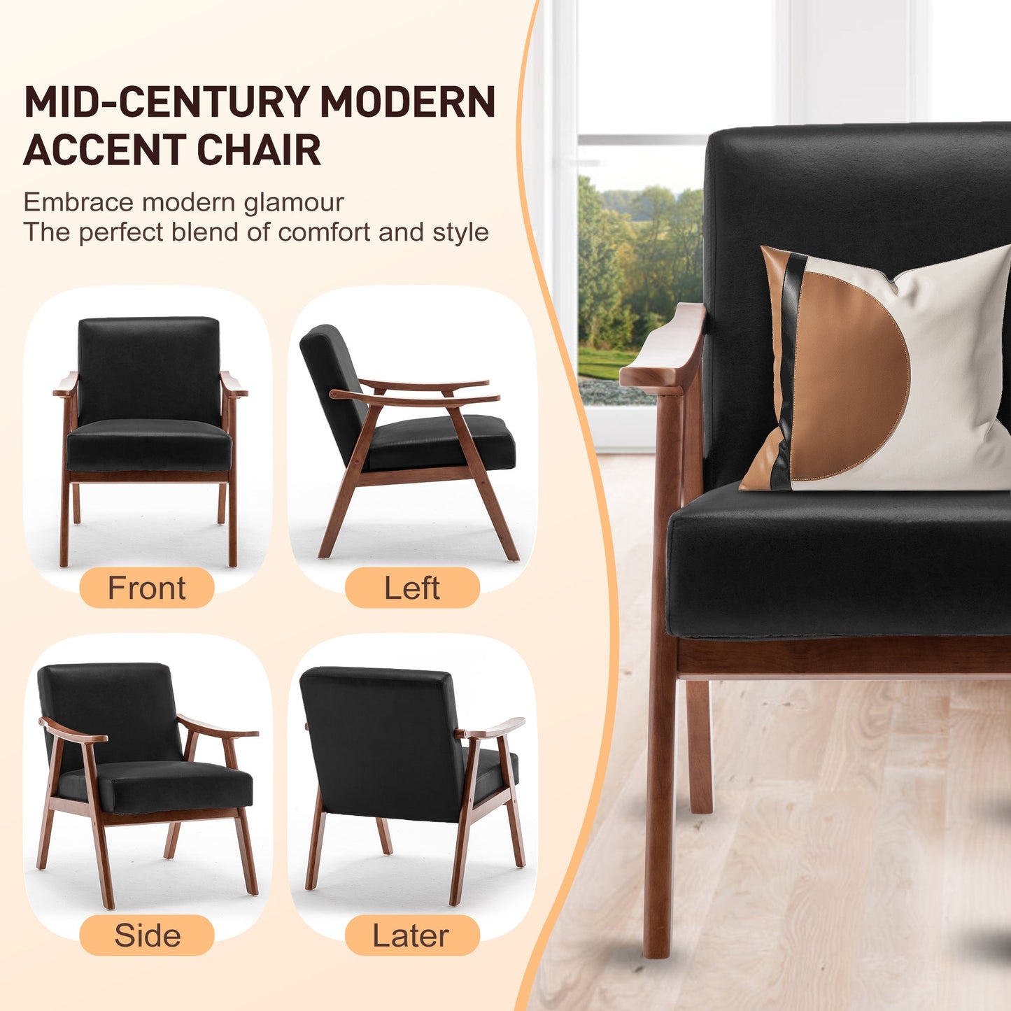 Mid-Century Wingback Accent Chair Black PU Leather 26x31x32