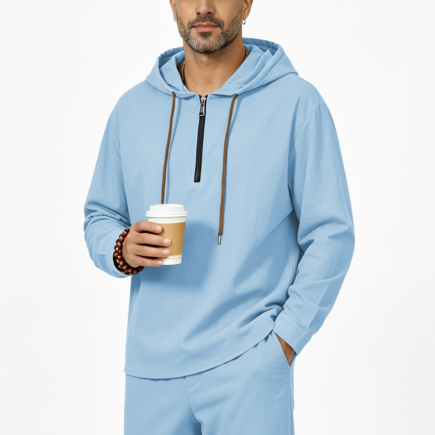 Mens Linen Hooded Half-Zip Sweatshirt