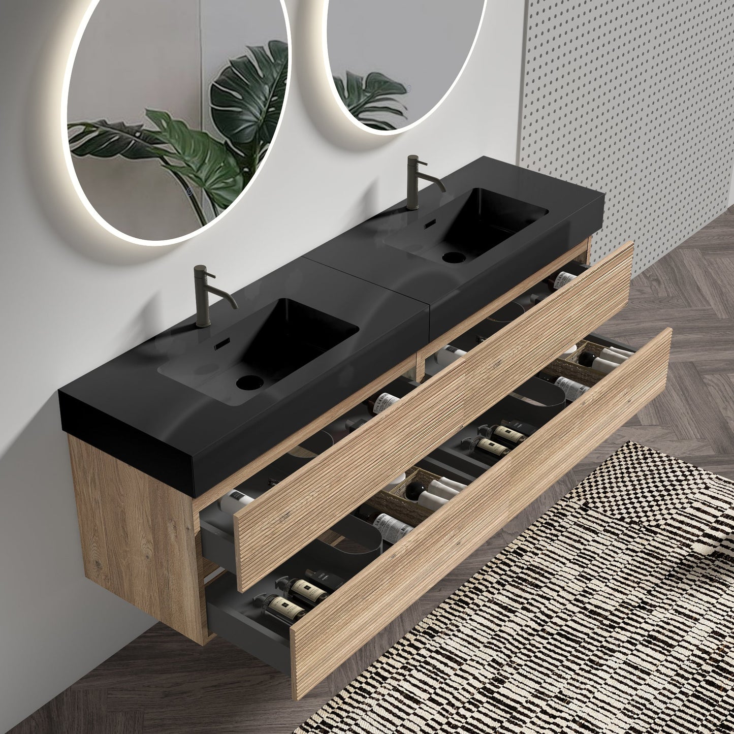 72''(36Inch*2) Bathroom Vanity with Matt Black Engineered Quartz Sink and Rou...