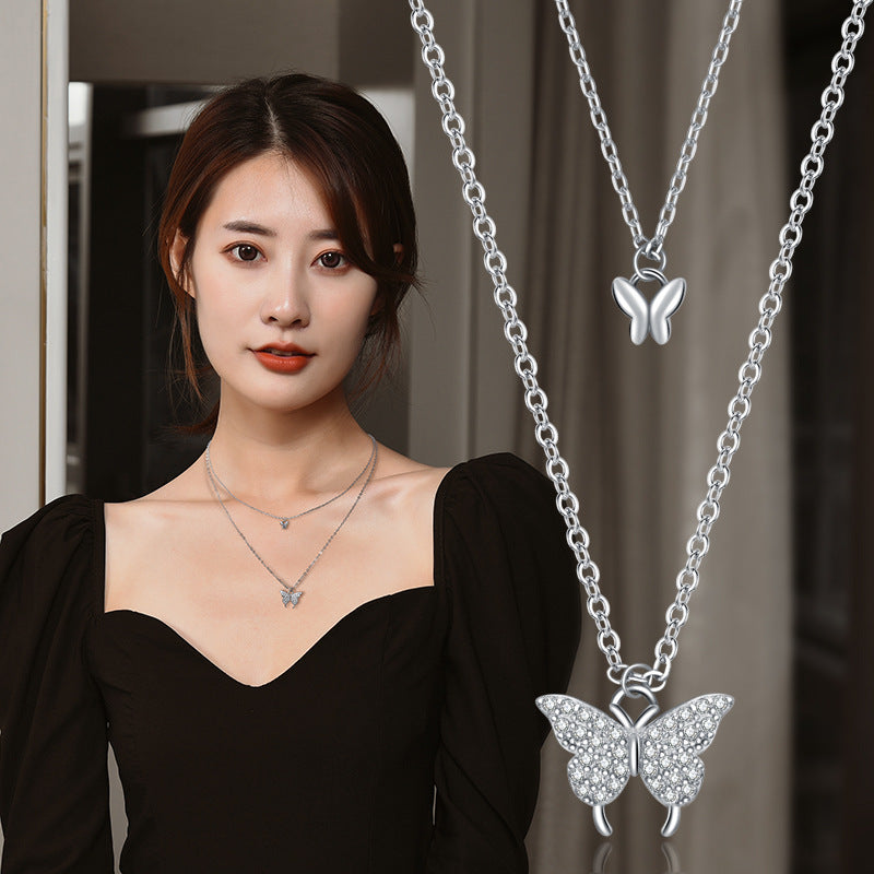 Double Layer Zircon Butterfly Necklace For Women, Dainty Stacked Collarbone Chain, Adjustable Long Sweater Chain Minimal Fashion Jewelry