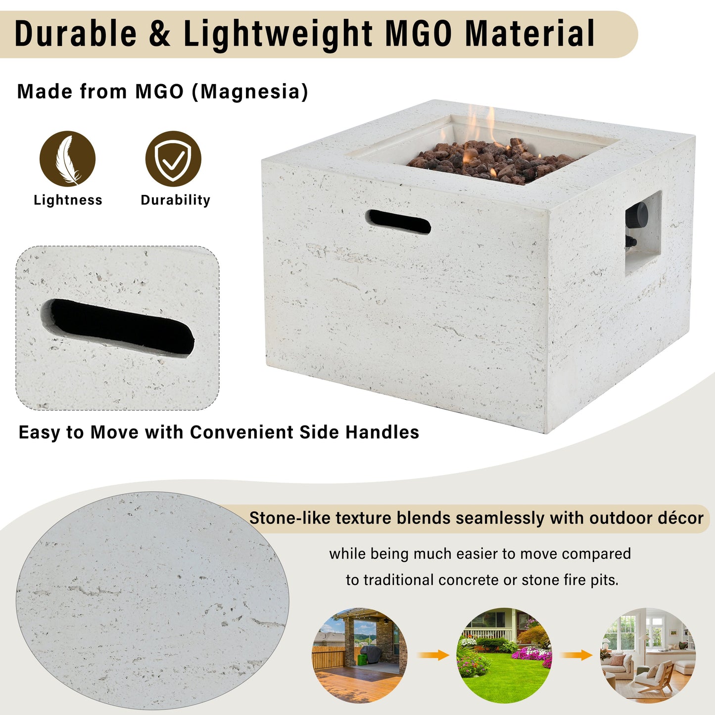 Propane Fire Pit Square MGO 40000 BTU 24" with Side Table Cover