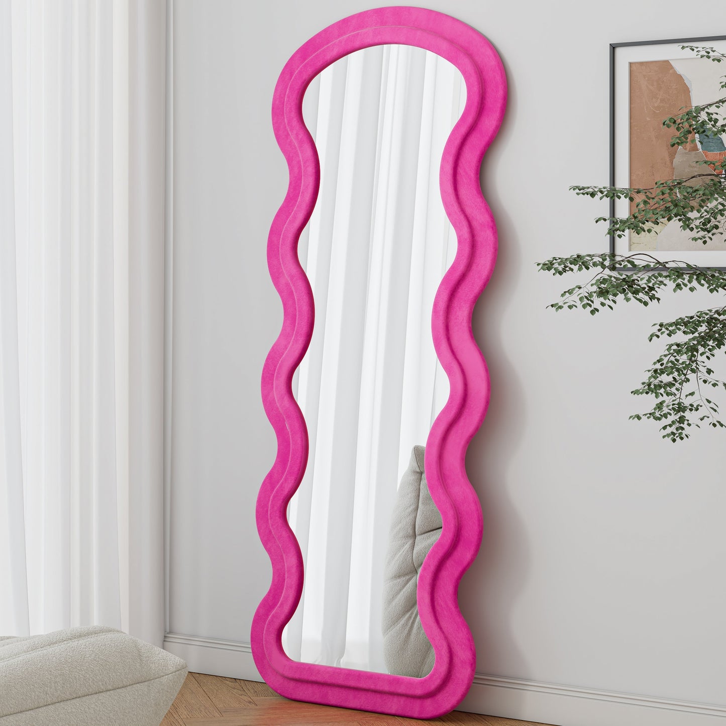 Floor Mirror Full Length Wave Flannel Frame Rose 63x24 In Lean or Hang