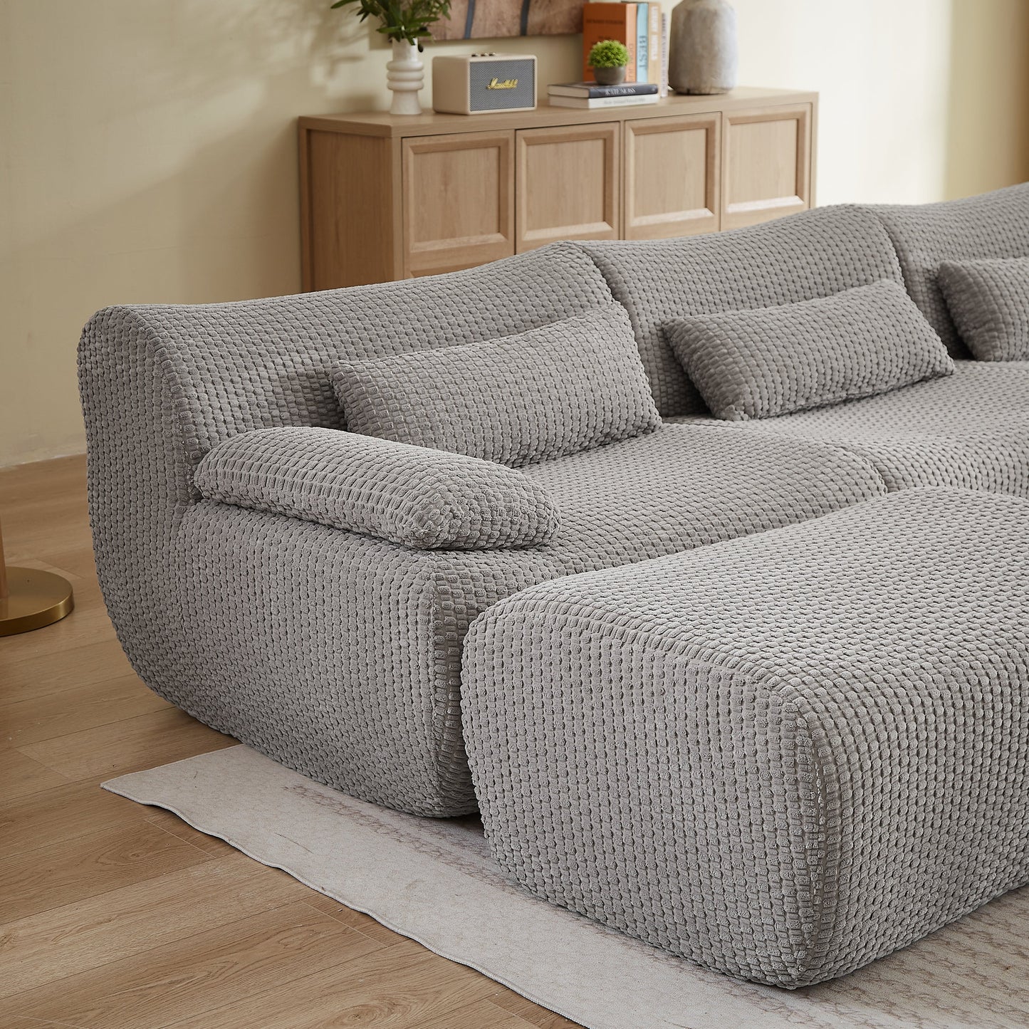 Sectional Sofa U-Shape Convertible Corduroy Gray 6 Seat Ottoman