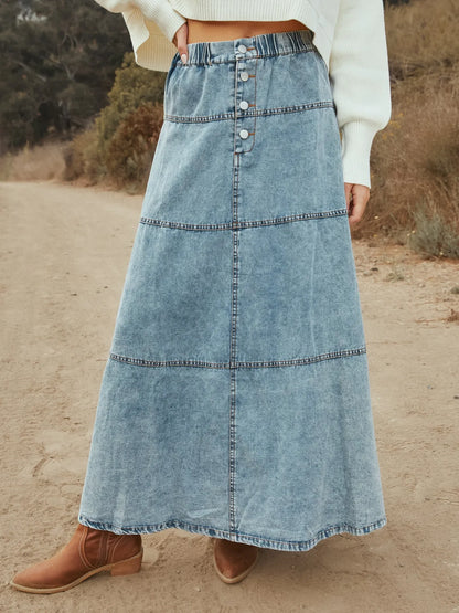 Button-Front Tiered Maxi Denim Skirt