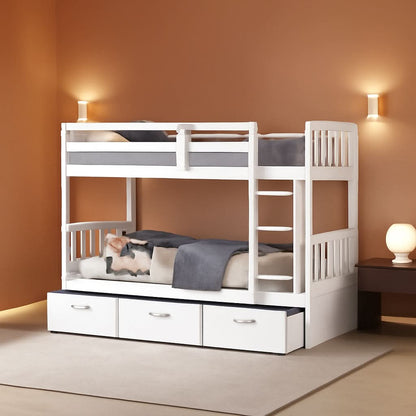 Twin Over Twin Bunk Bed With Trundle And Drawers White