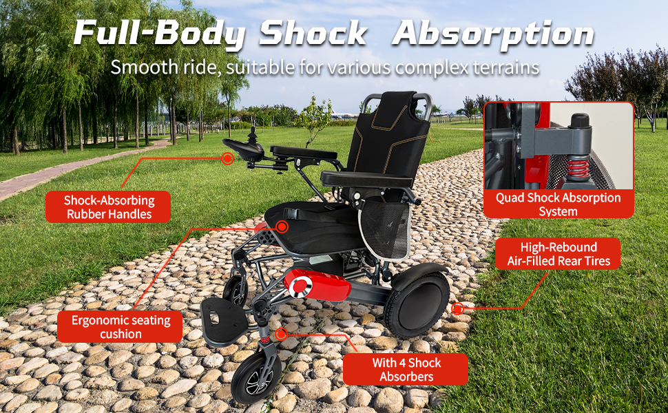 Wheelchair Electric Foldable Aluminum 40 Mile Dual Battery Black Red 42 In