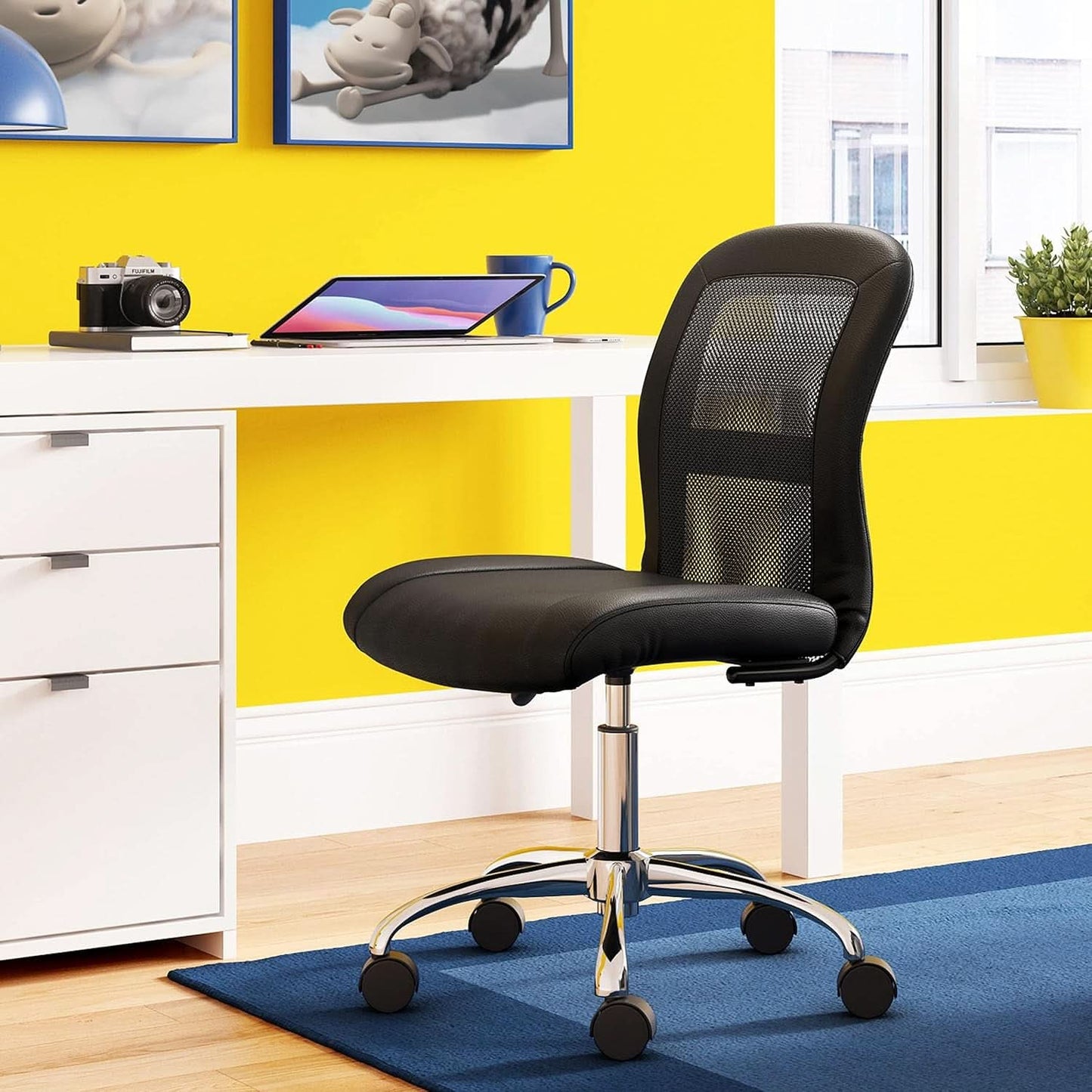 Armless Desk Chair With Mesh Back And Wheels Black