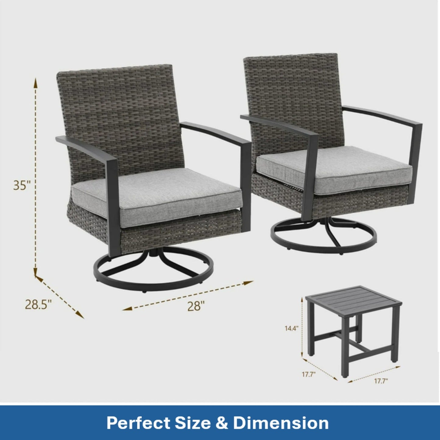Outdoor Bistro Set Rattan Swivel Rocker Gray 3 Piece with Side Table