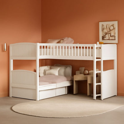 L Shaped Solid Wood Bunk Bed White Twin Over Twin Over Twin With 2 Drawers