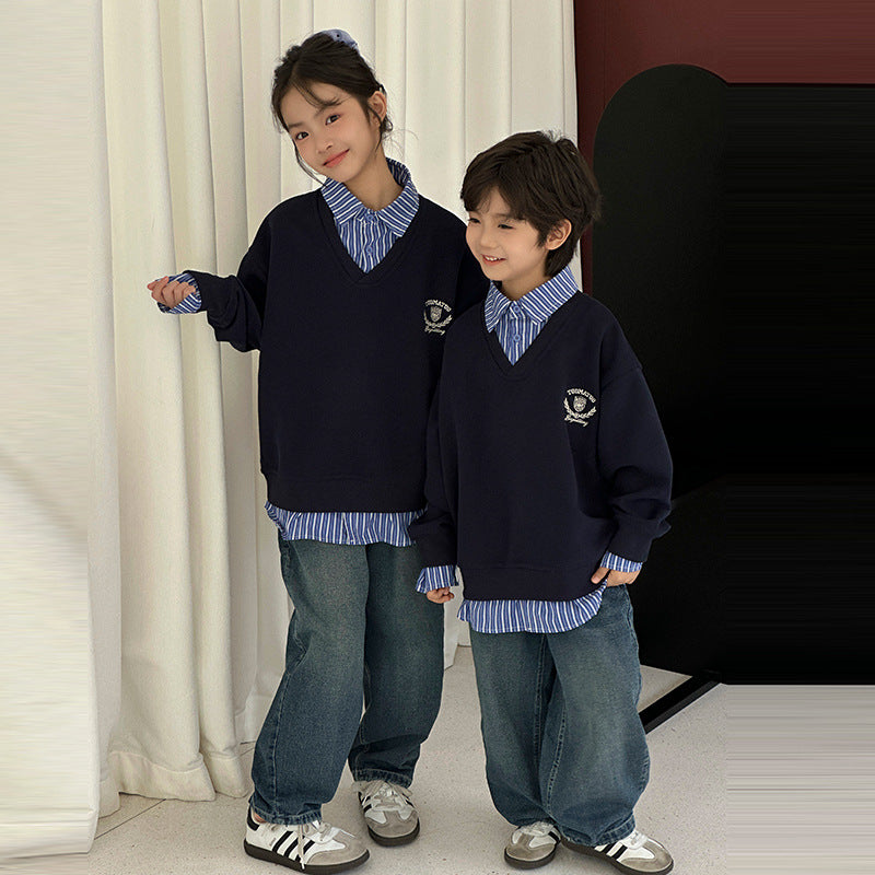 Kids FallWinter Patchwork Polo-Neck Sweater Heavyweight Coordinating Parent-ChildSibling Matching Sets For Boys And Girls