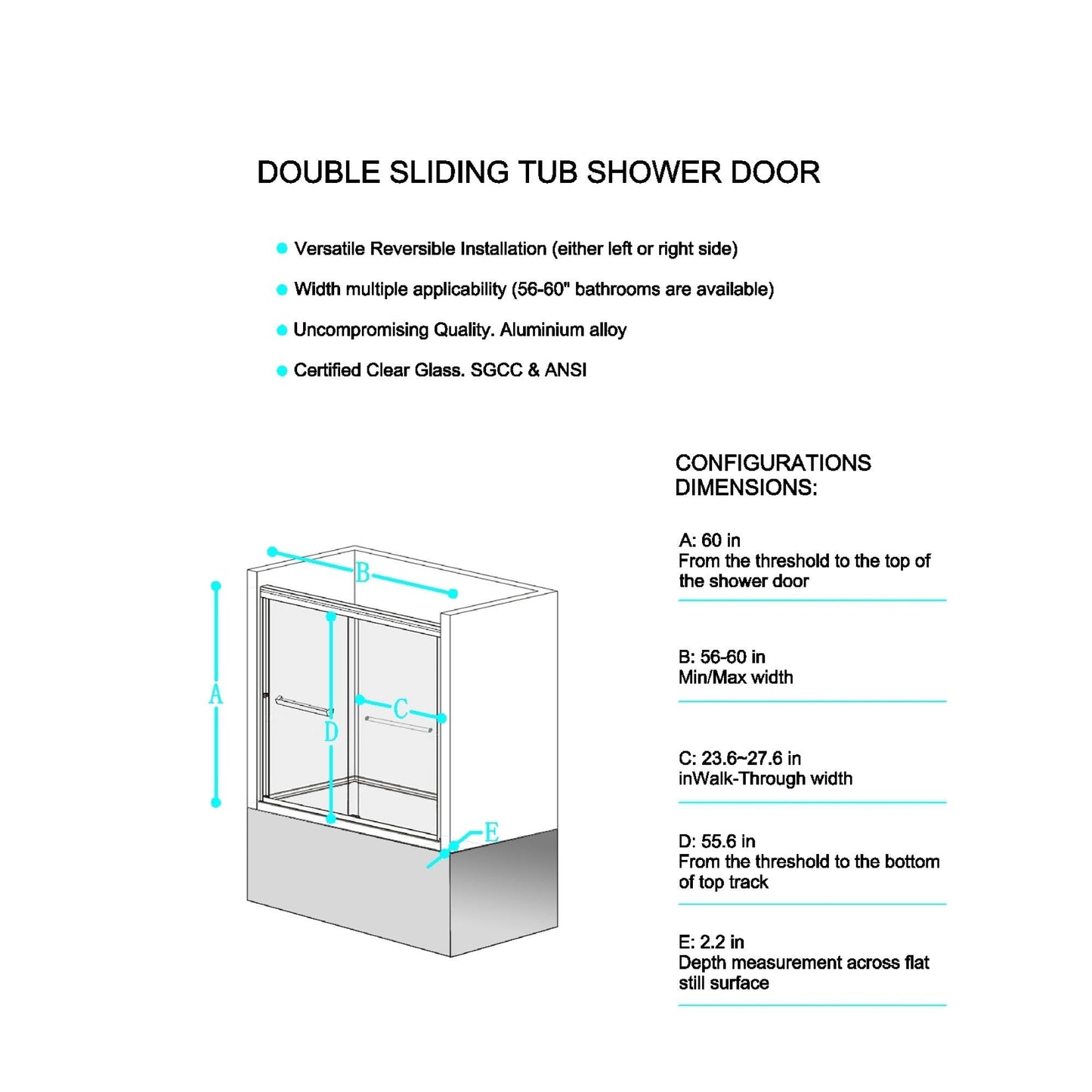 56-60in W x 60in H Double Sliding Tub Shower Door, Chrome Aluminum, 6mm Glass