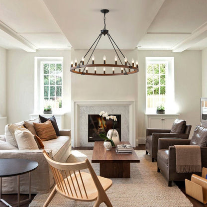 Chandelier Wood Wagon Wheel 20-Light Farmhouse Matte Black 39.3 In