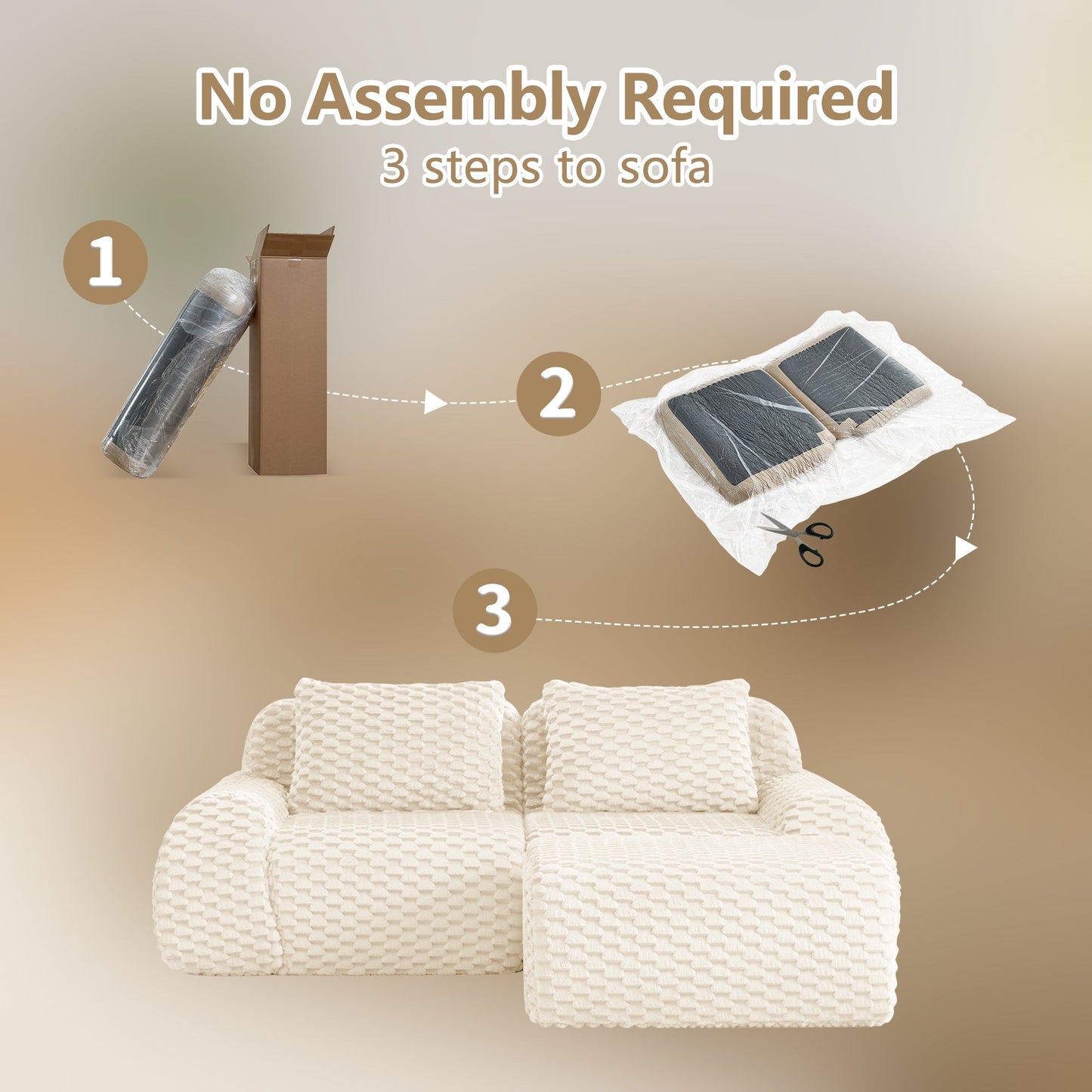 Sectional loveseat L-Shape Flannelette Cream 2 Seat with Ottoman 82 In