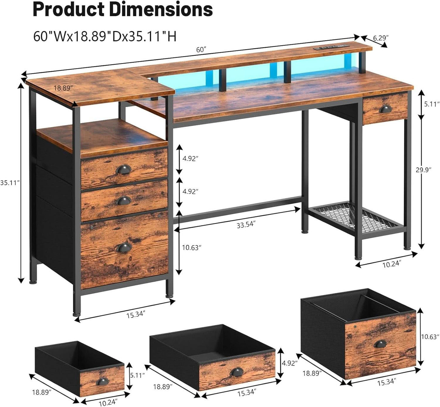60 Inch Computer Desk With Storage Drawers And LED Lights