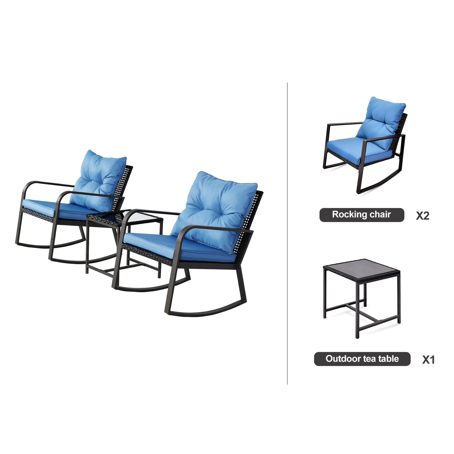 Outdoor Bistro Set Wicker Iron Blue 3 Piece Rocking Chairs Cushions Seats 2