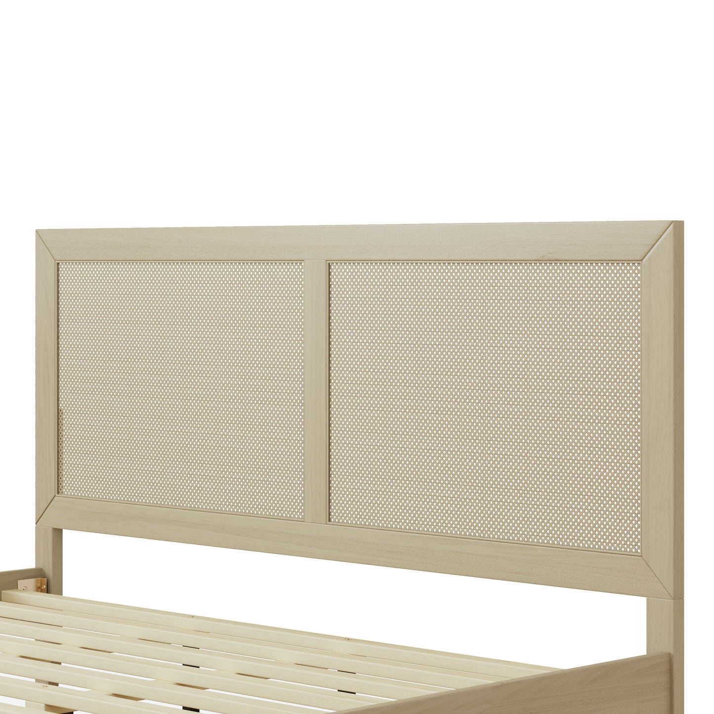 Solid Wood Platform California King Bed With Rattan