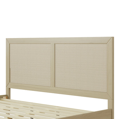 Solid Wood Platform California King Bed With Rattan