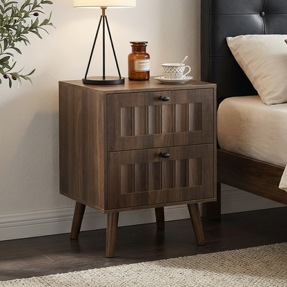 Double Drawer Bedside Table, Solid Wood Legs, Walnut, 15.75x15.75 in, 2-Pack