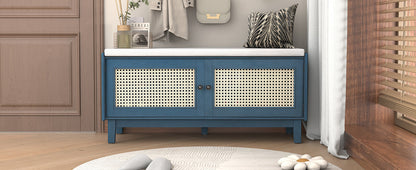 Boho Rattan Entryway Bench with Storage, Cushioned Shoe Bench with Double