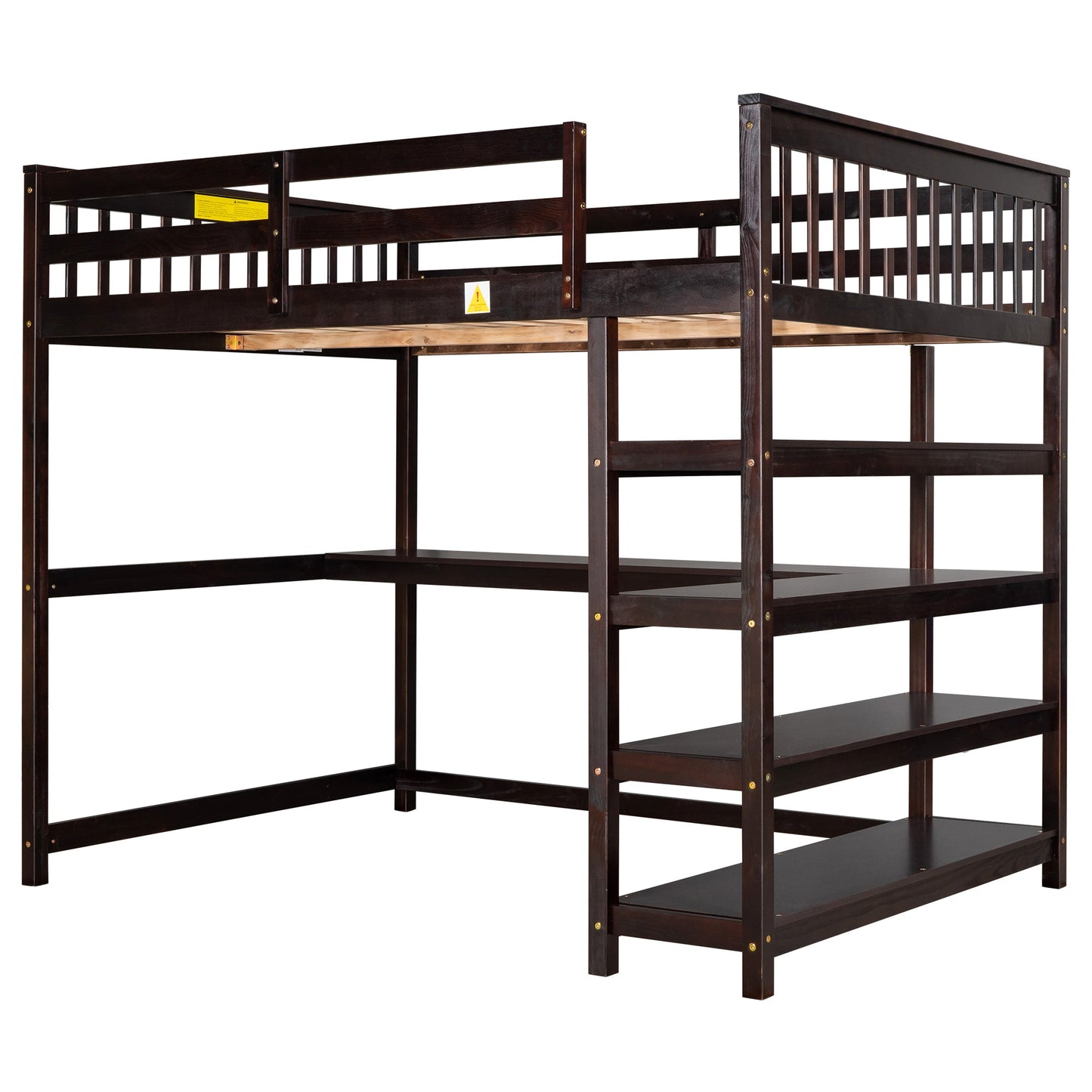 Espresso Full Size Loft Bed with Storage Shelves and Under-bed Desk, Solid Pi...