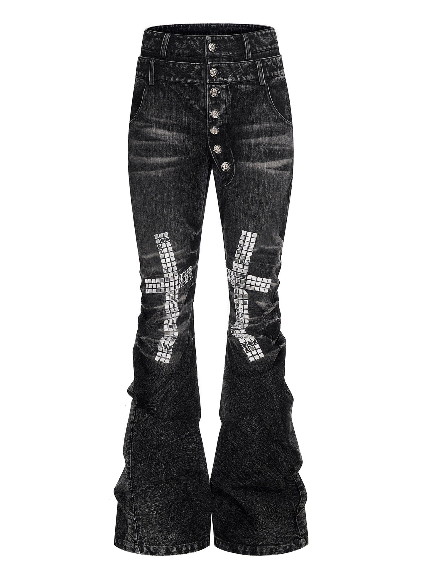 Mens Cross-Design Rhinestone-Embellished Double-Waist Button Denim Jeans