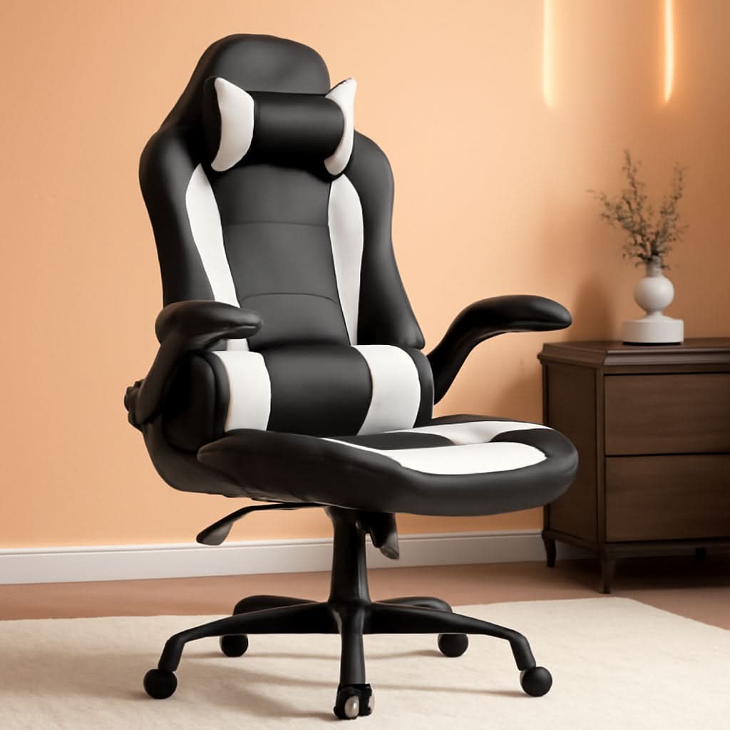 PC Gaming Chair White With Lumbar Support And Flip Up Arms